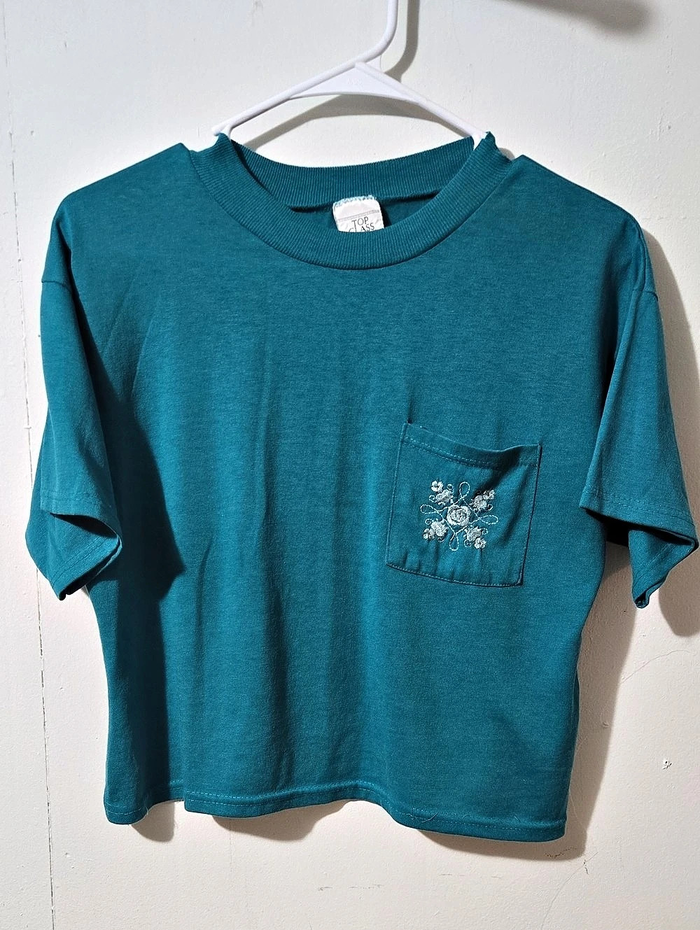 Vtg 1980s Top Class Teal Cropped Pocket Tee Shirt Embroidered Flower USA ILGWU